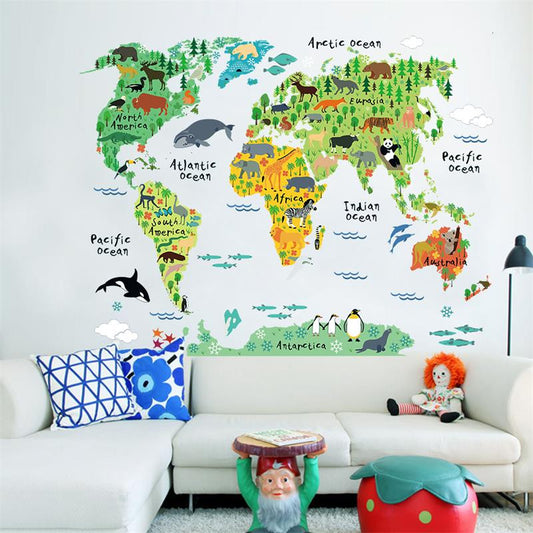 Animal World Map Wall Mural – Kids Room Learning Decor Decal for Bedroom Nursery