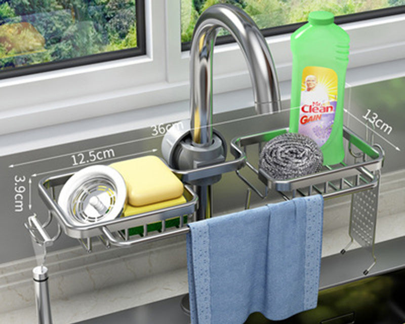 Stainless Steel Kitchen Sink Organizer Rack – Faucet Mounted Drain Basket Storage Solution