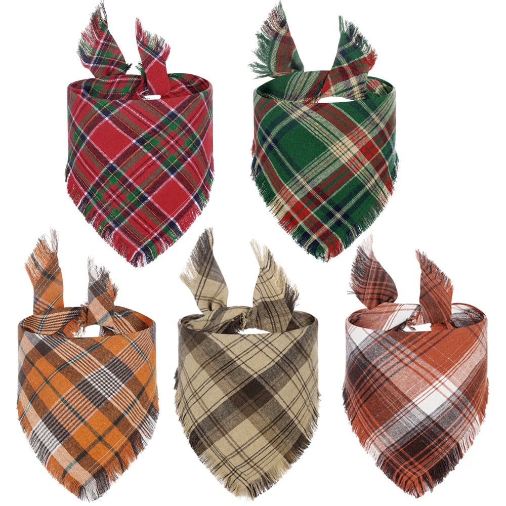 Thanksgiving Dog Bandana with Tassels – Stylish Plaid Fall Pet Scarf for Dogs