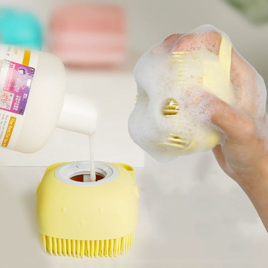 Soft Silicone Dog Cat Brush – Pet Bath Shampoo Dispenser Grooming Cleaning Tool