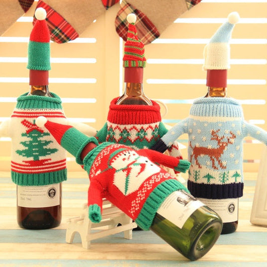Christmas Wine Bottle Sweater Cover Set Knitted Holiday Table Decor Festive Ornament