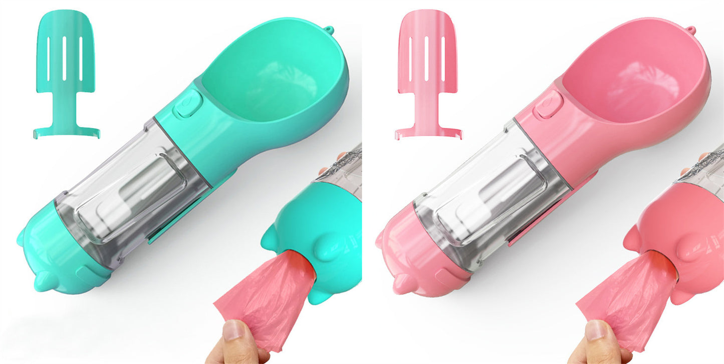 All-in-One Dog Travel Water Bottle – Portable Pet Water Dispenser with Food Bowl & Poop Bag Storage
