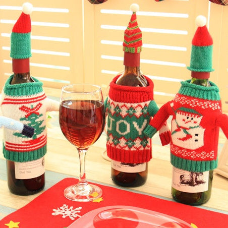 Christmas Wine Bottle Sweater Cover Set Knitted Holiday Table Decor Festive Ornament