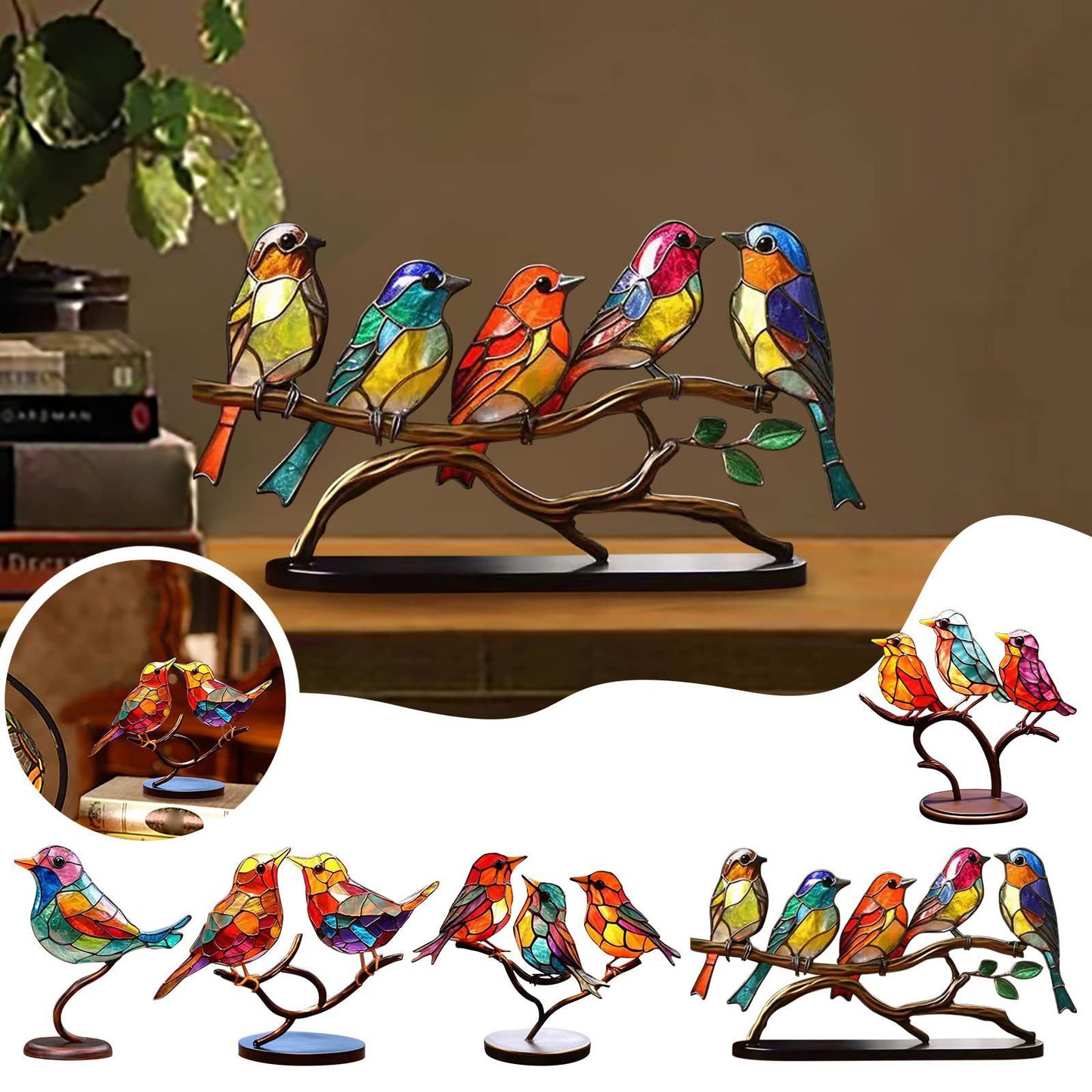 Stained Bird Desk Ornament – Home Decor for Bedroom, Living Room & Office