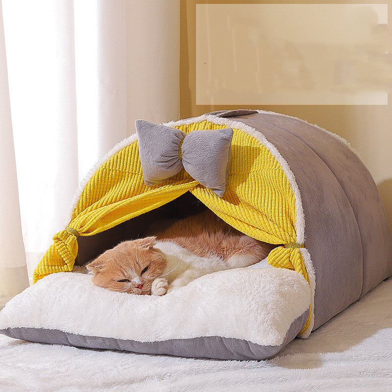 Cozy Cat Cave Bed Semi-Enclosed – Anti-Stress Pet Nest House for Year-Round Comfort