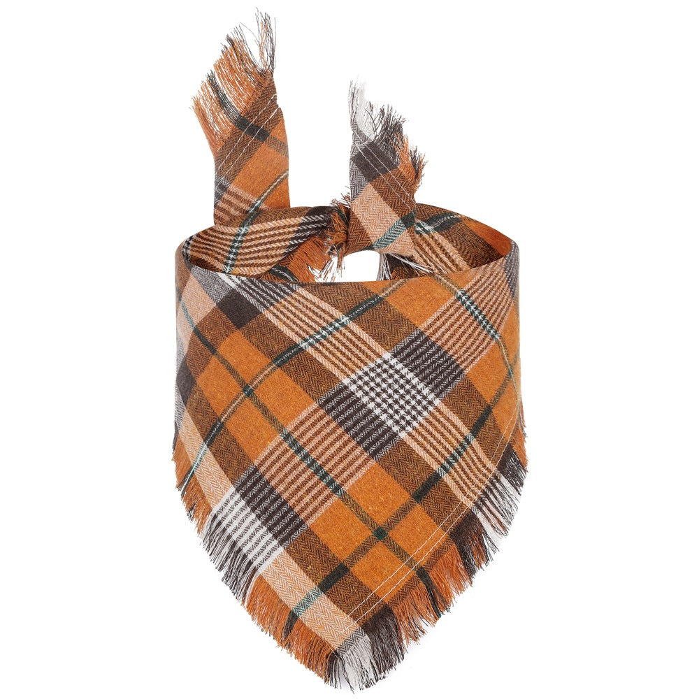 Thanksgiving Dog Bandana with Tassels – Stylish Plaid Fall Pet Scarf for Dogs