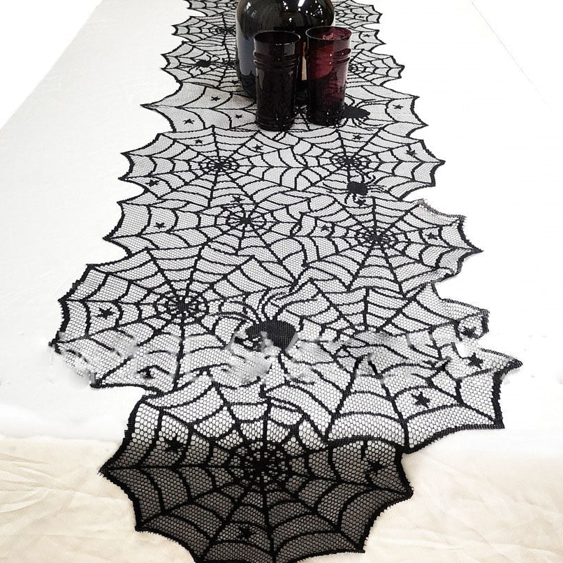 Halloween Table Decor Runner – Black Lace Spiderweb Cloth for Party Setup