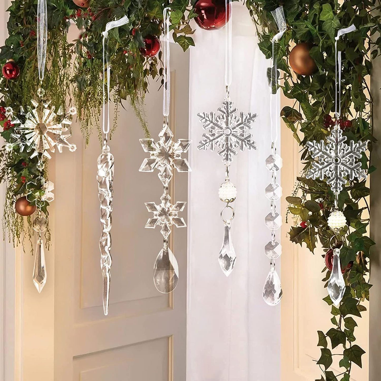 Sparkling Snow Icicle Ornaments – 10pc Christmas Hanging Set