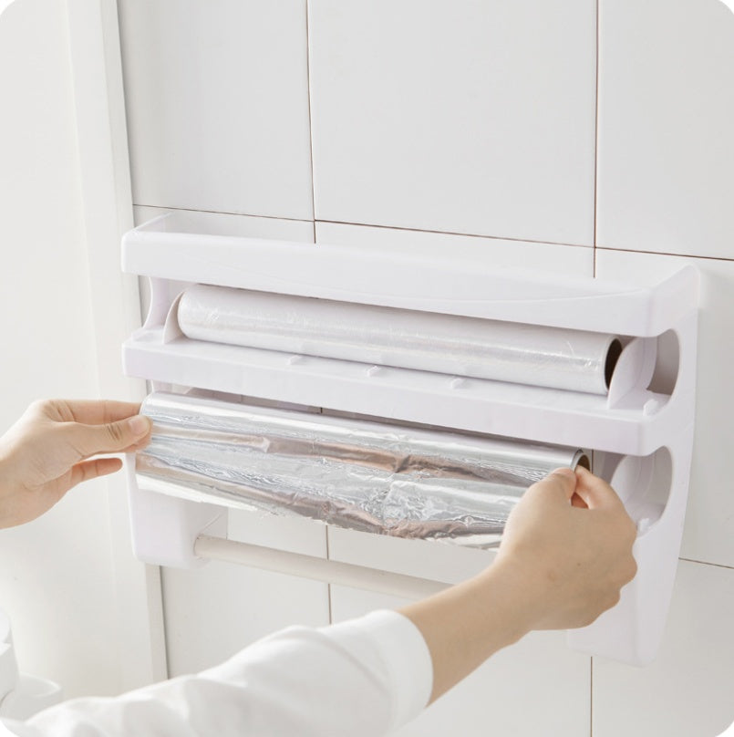 Space-Saving Wall Mount Kitchen Organizer – Wrap Cutter Holder for Cling Film, Foil & Paper Towels