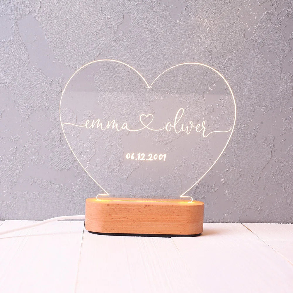 Engraved Couple Night Light – Custom Name & Date LED Romantic Gift Lamp