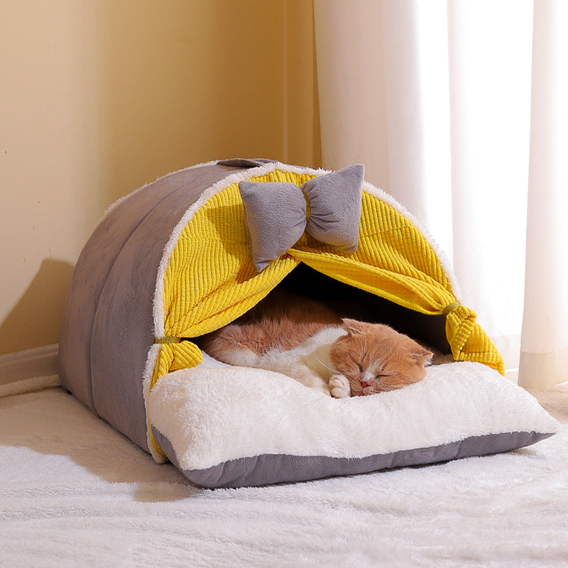 Cozy Cat Cave Bed Semi-Enclosed – Anti-Stress Pet Nest House for Year-Round Comfort