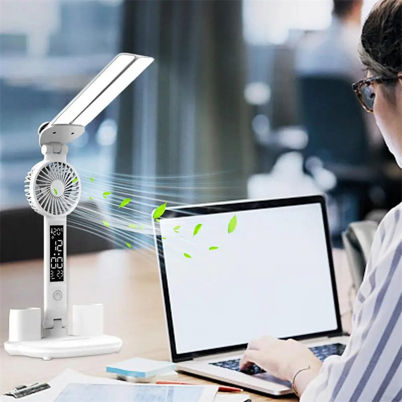 Smart Multifunction Desk Lamp – Foldable LED Reading Light with Fan, Thermometer & Organizer