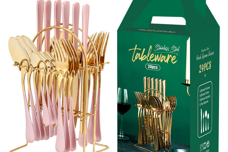 Luxury Gold Kitchen Utensil Set – Stainless Steel Knife Fork Spoon Set wi/ Holder Rack