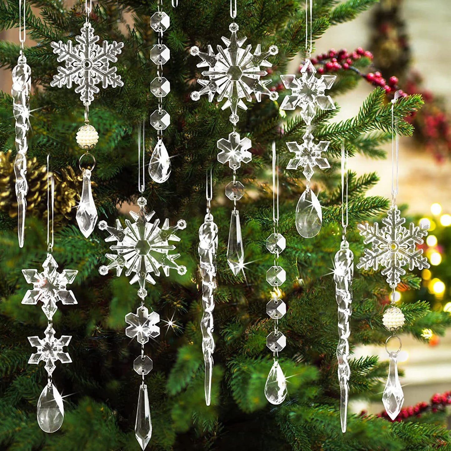 Sparkling Snow Icicle Ornaments – 10pc Christmas Hanging Set