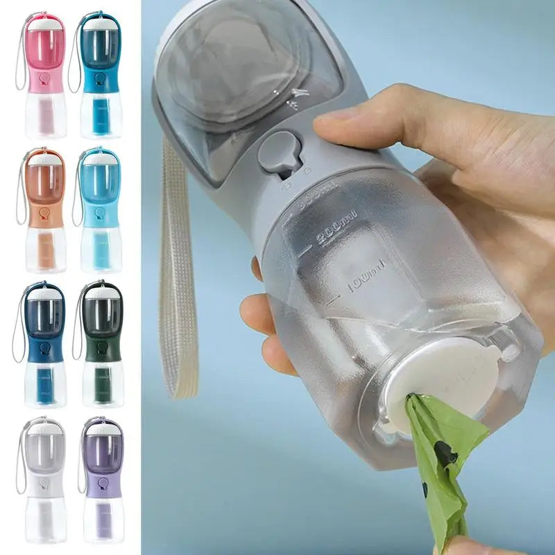Compact 3-in-1 Dog Water Bottle Travel Cup | Portable Pet Feeder & Poop Bag Dispenser