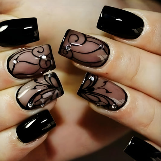 Edgy Black Vine Press On Nails – Dark Style Fake Nail Manicure Set