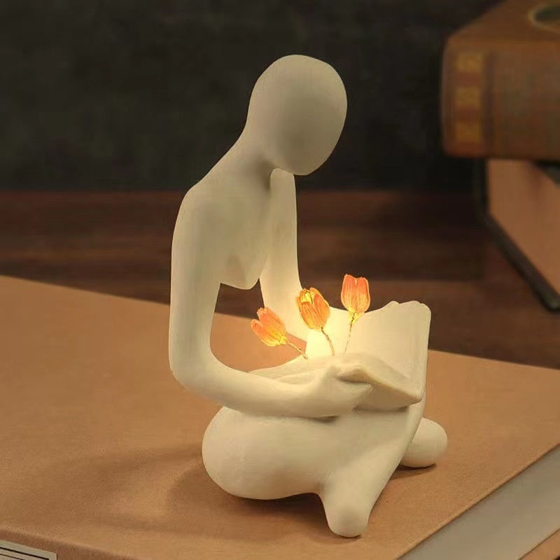 Modern Nordic Book Lover Statue Light – Creative Tulip Sculpture Night Lamp