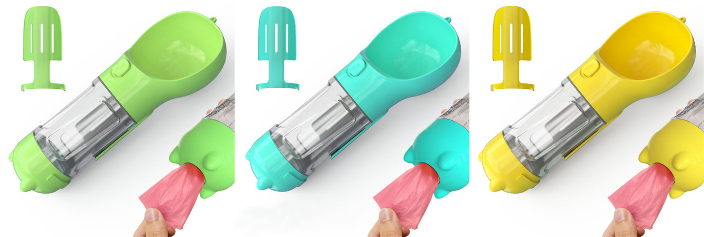All-in-One Dog Travel Water Bottle – Portable Pet Water Dispenser with Food Bowl & Poop Bag Storage