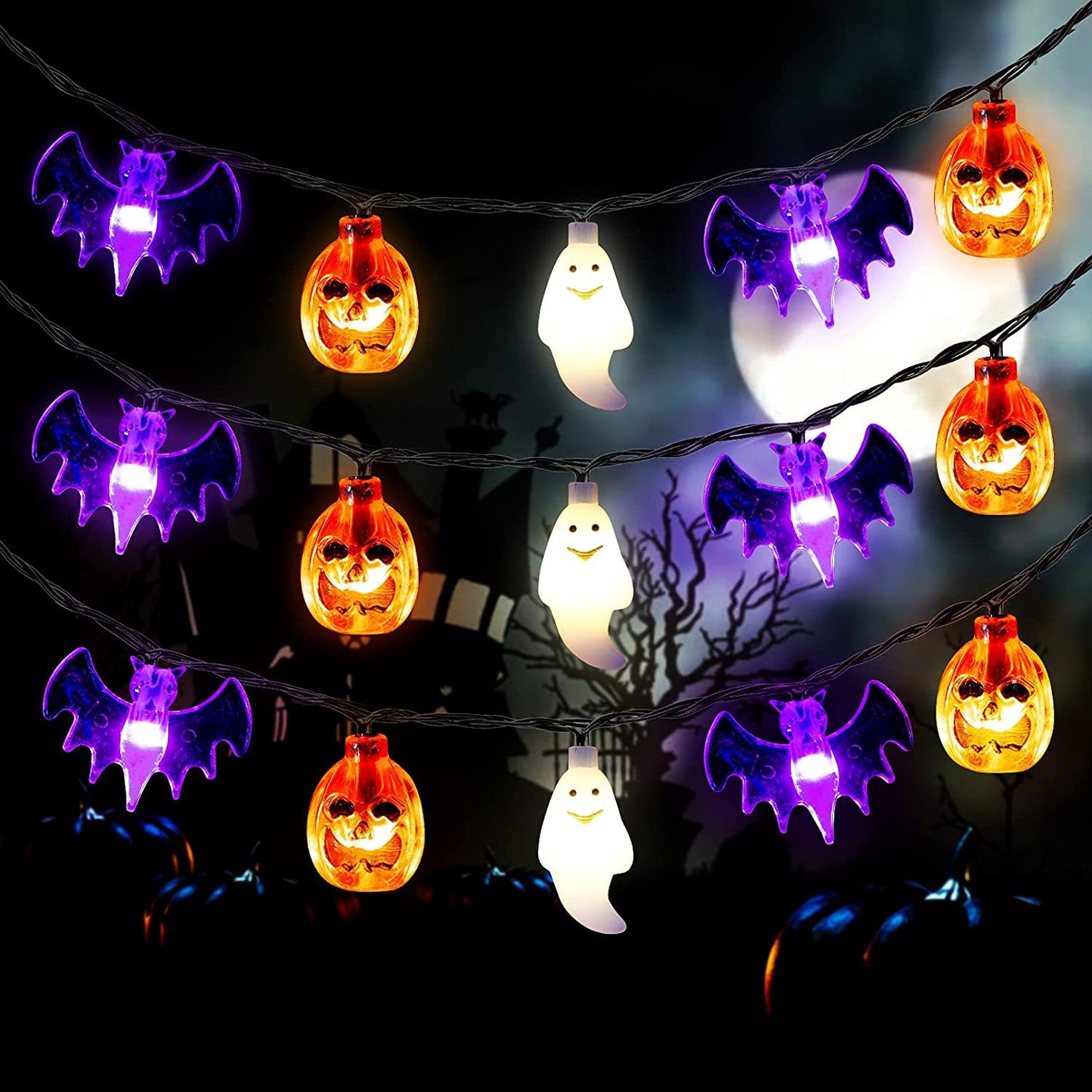 Halloween Outdoor String Light Decor – LED Pumpkin Bat Skull Party Hanging Lights