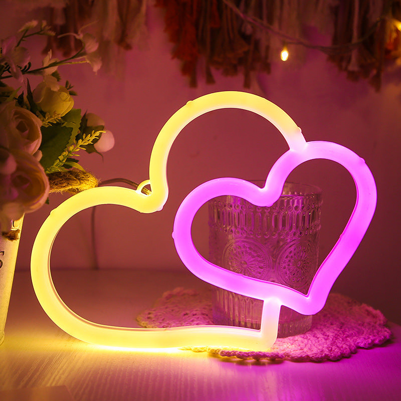 Aesthetic LED Neon Double Love Sign – USB Powered Bedroom Wall Decor Romantic Light
