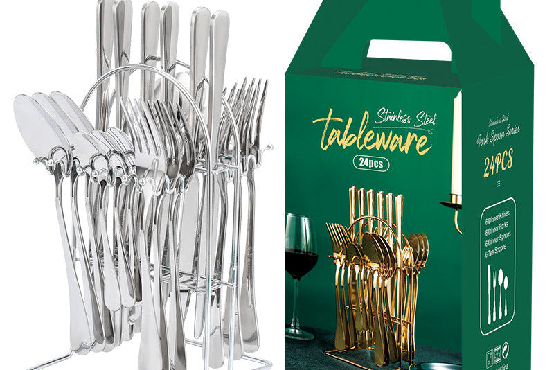 Luxury Gold Kitchen Utensil Set – Stainless Steel Knife Fork Spoon Set wi/ Holder Rack