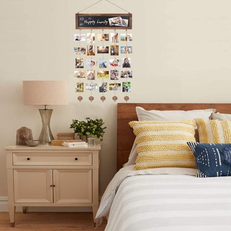 Rustic Wooden Hanging Photo Clips | Wall Decor Picture Frame Display Organizer Board