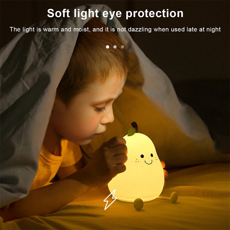 Dimmable LED Pear Night Light – USB Rechargeable Touch Silicone Lamp for Cozy Bedroom