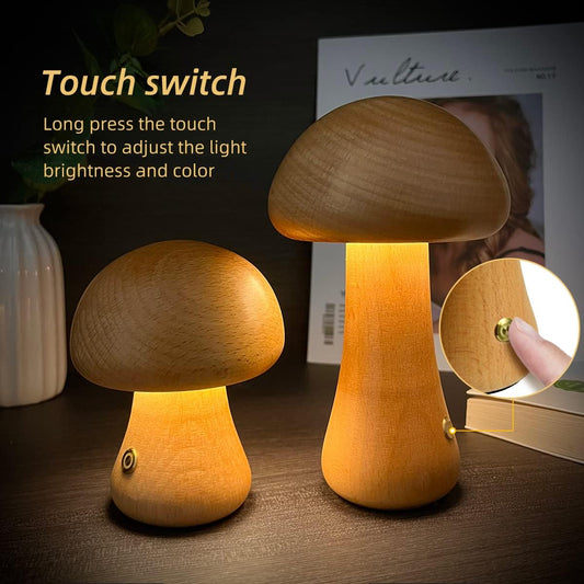 Cute Wooden Mushroom LED Night Light – Soft Touch Lamp for Bedroom