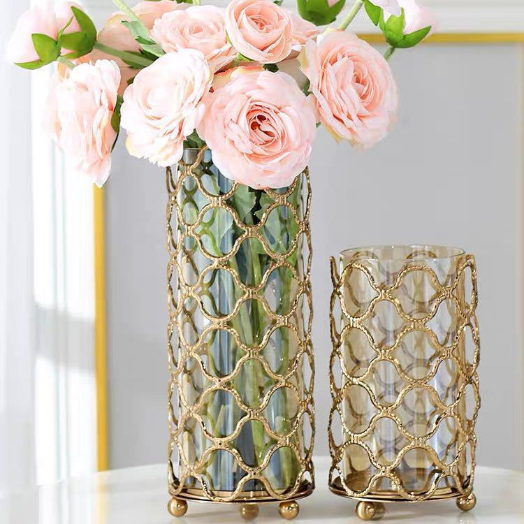 Elegant Gold Metal Glass Vase – Hollow Out Decorative Flower Stand for Living Room Decor
