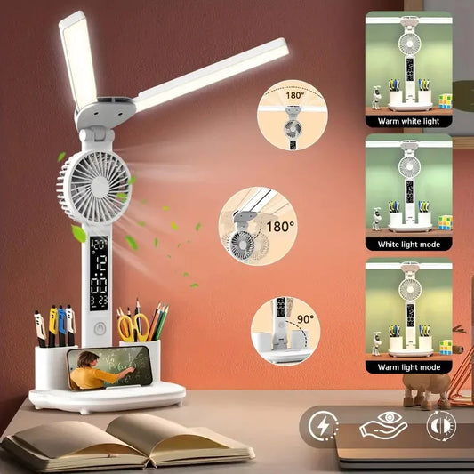 Smart Multifunction Desk Lamp – Foldable LED Reading Light with Fan, Thermometer & Organizer