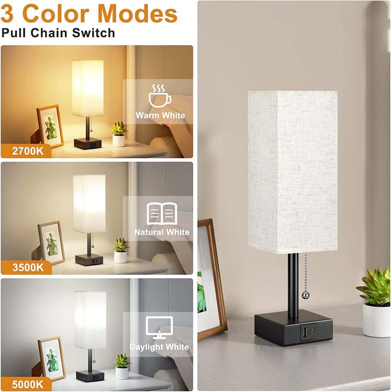 Bedside Table Lamp with 3 Brightness Levels & USB Charging