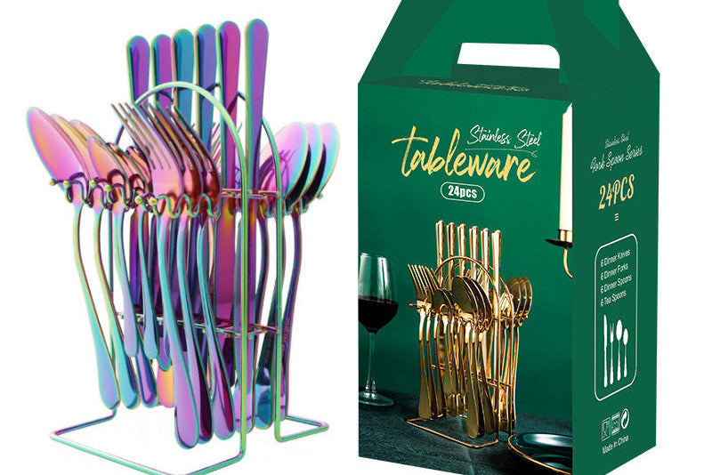 Luxury Gold Kitchen Utensil Set – Stainless Steel Knife Fork Spoon Set wi/ Holder Rack
