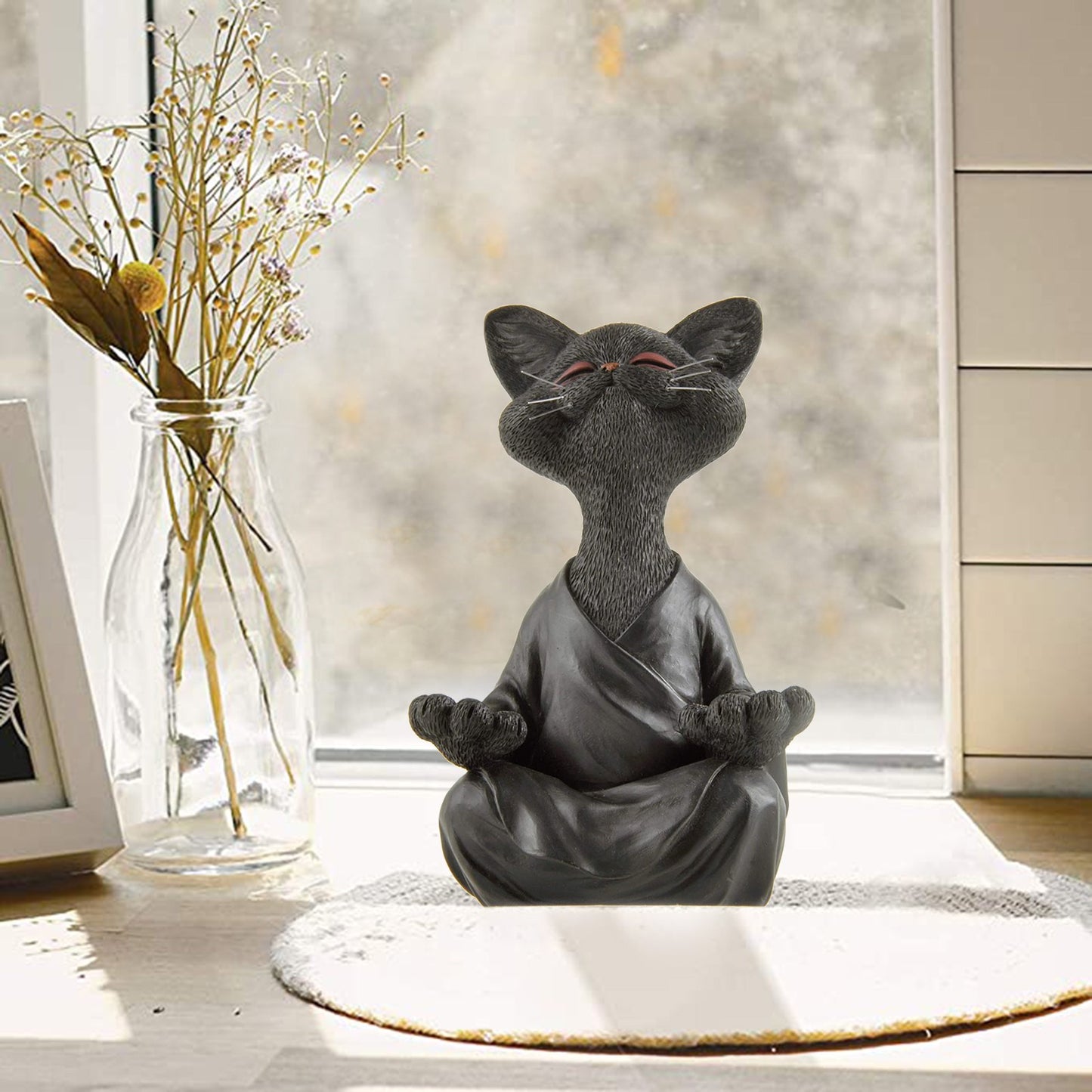 Whimsical Black Buddha Cat Figurine – Meditation Yoga Home Decor Ornament