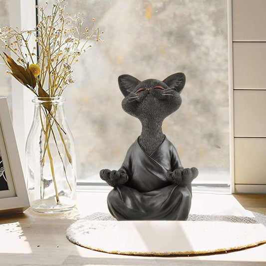 Whimsical Black Buddha Cat Figurine – Meditation Yoga Home Decor Ornament