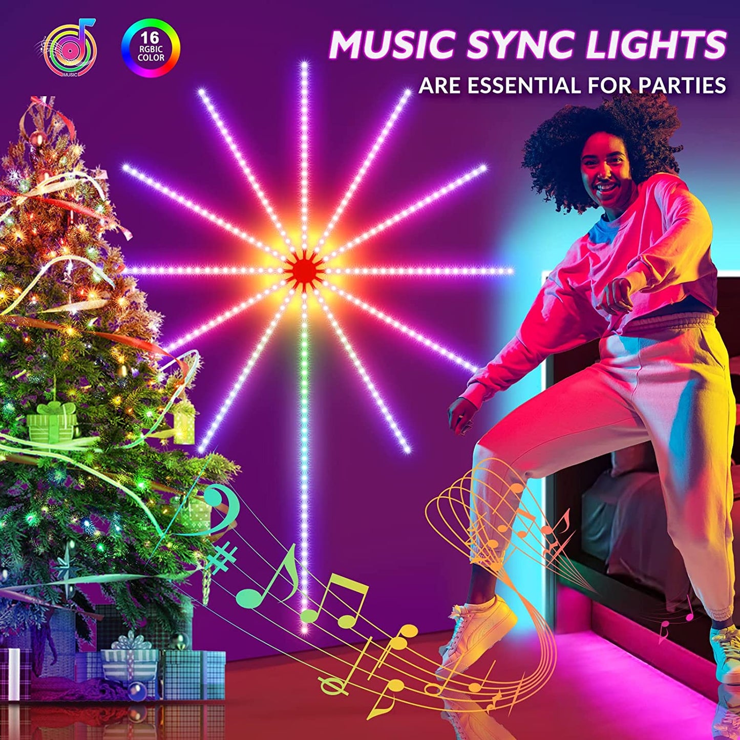 Firework LED Lights for Room – RGB Music Sync Strip Lights