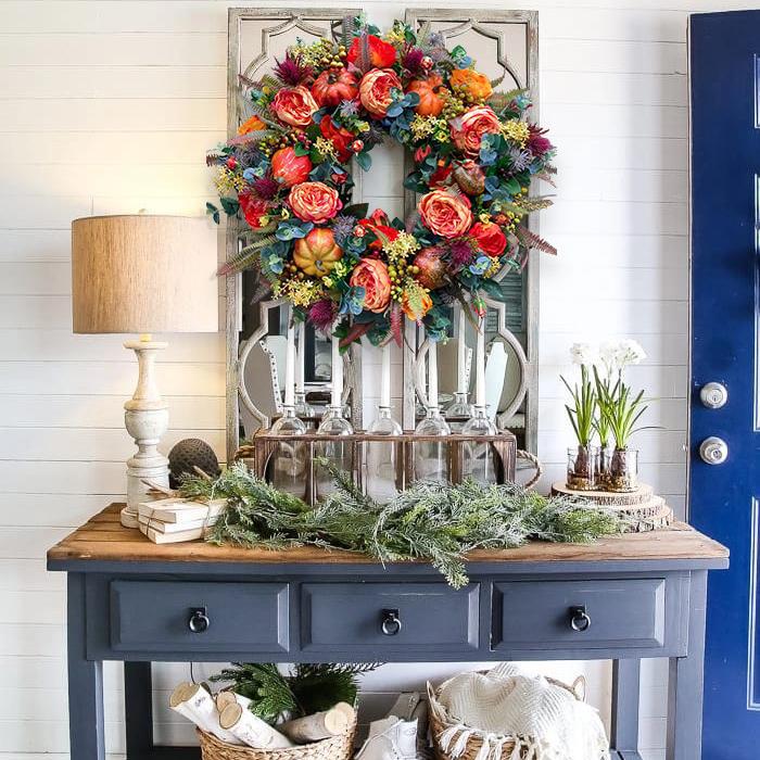 Autumn Floral Pumpkin Wreath – Fall Door Decor, Halloween Seasonal Home Accent