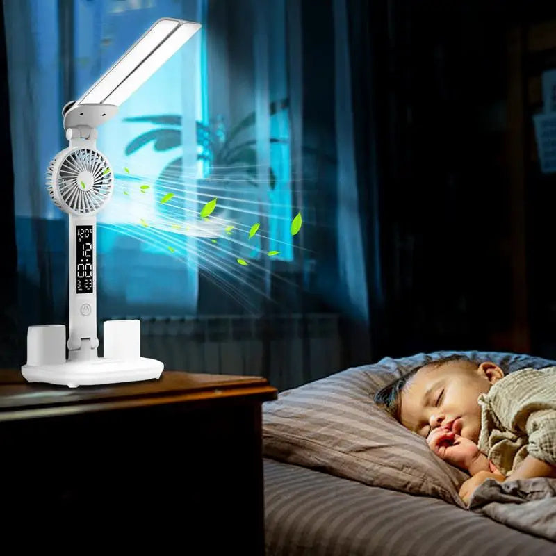 Smart Multifunction Desk Lamp – Foldable LED Reading Light with Fan, Thermometer & Organizer