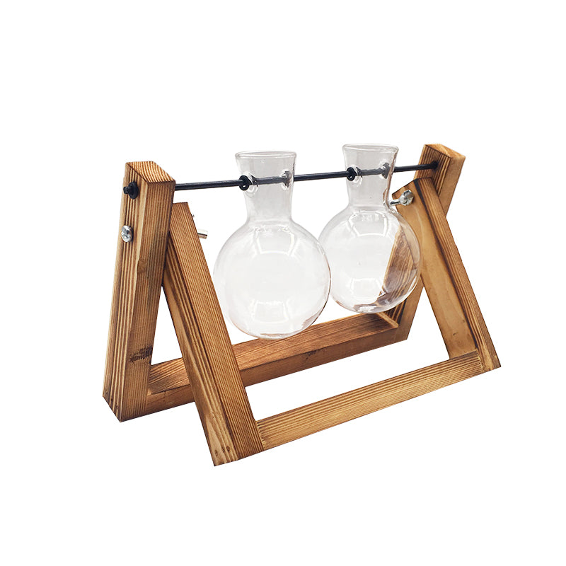 Hydroponic Glass Vase with Wooden Stand – Modern Indoor Plant Propagation Station Home Decor