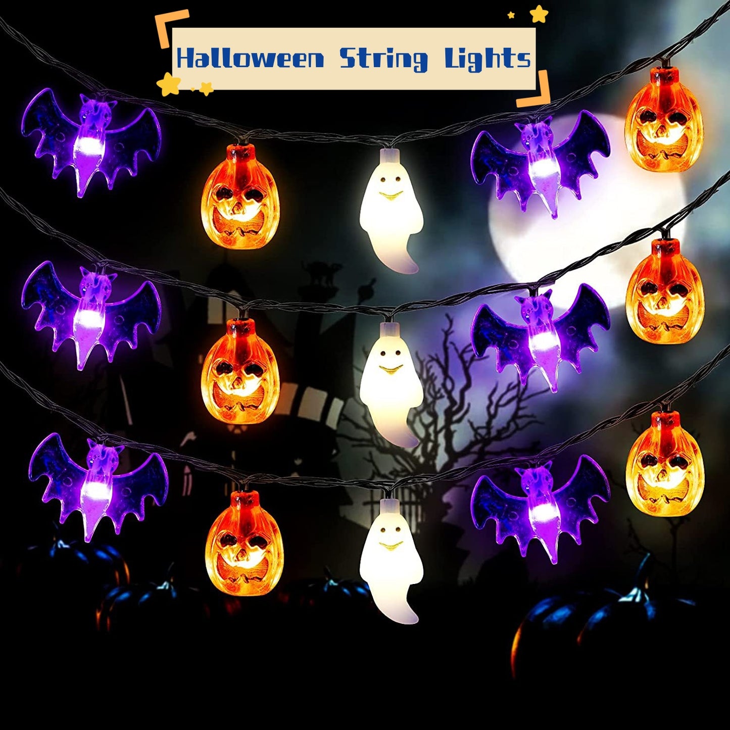 Halloween Outdoor String Light Decor – LED Pumpkin Bat Skull Party Hanging Lights