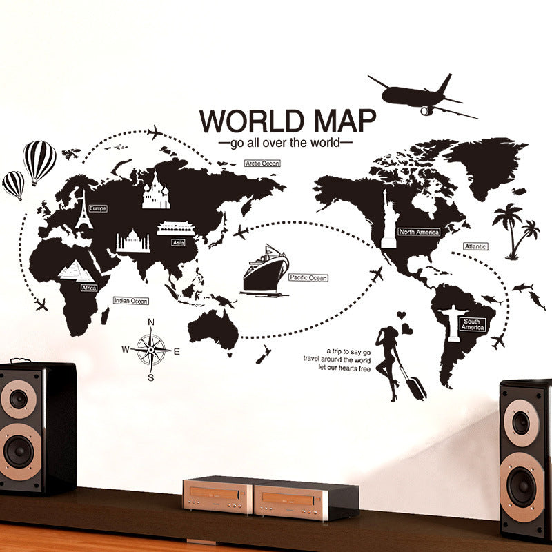 Stylish Black World Map Wall Sticker – Artistic PVC Wall Art for Home & Office Interior