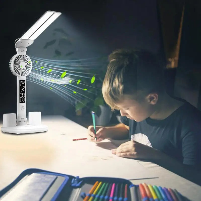 Smart Multifunction Desk Lamp – Foldable LED Reading Light with Fan, Thermometer & Organizer