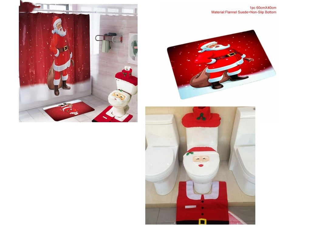 Christmas Bathroom Set – Cute Santa Curtain and Seat Cover