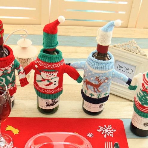 Christmas Wine Bottle Sweater Cover Set Knitted Holiday Table Decor Festive Ornament