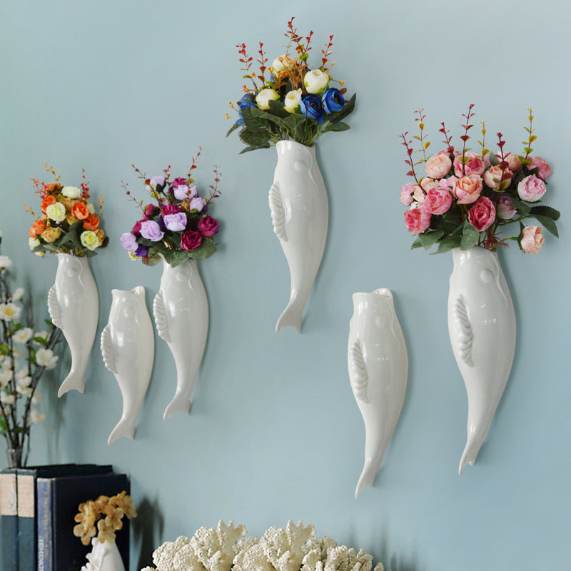 Simple Modern Ceramic Wall Vase – Goldfish Shape 3D Hanging Decor for Living Room
