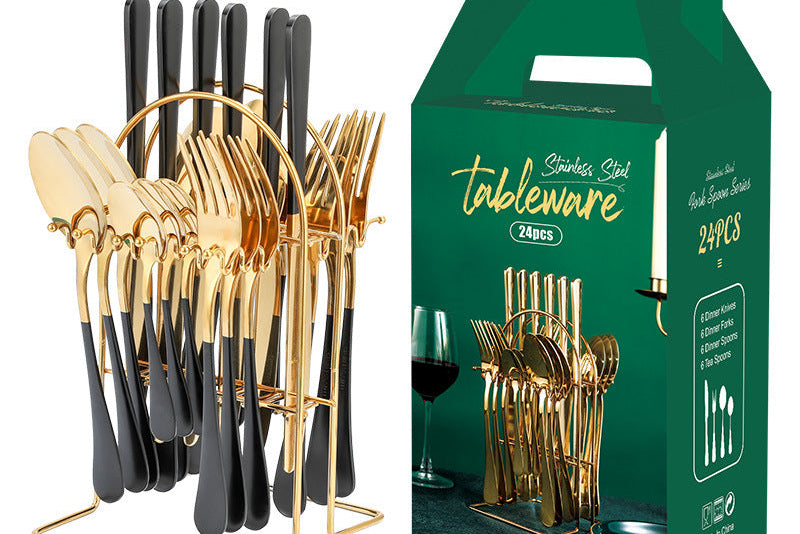Luxury Gold Kitchen Utensil Set – Stainless Steel Knife Fork Spoon Set wi/ Holder Rack