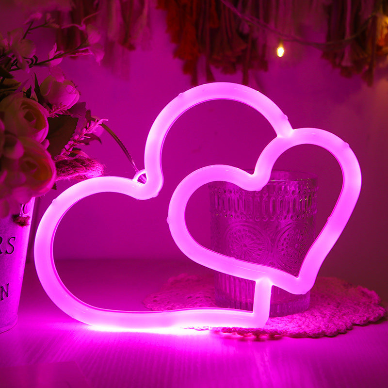Aesthetic LED Neon Double Love Sign – USB Powered Bedroom Wall Decor Romantic Light