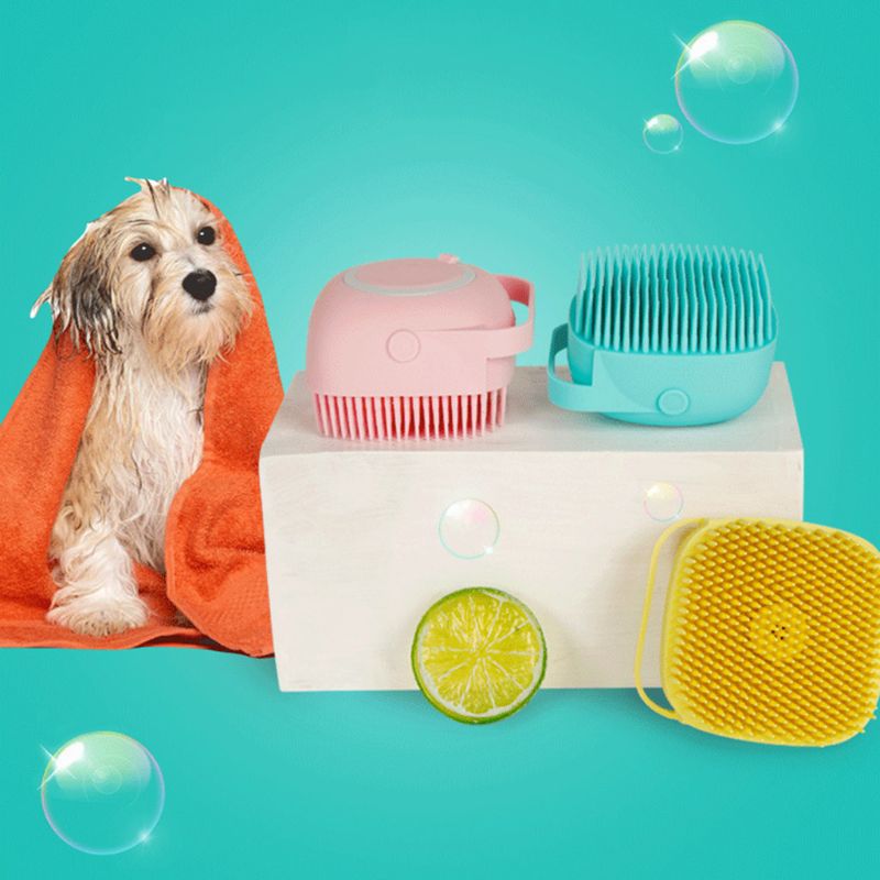Soft Silicone Dog Cat Brush – Pet Bath Shampoo Dispenser Grooming Cleaning Tool
