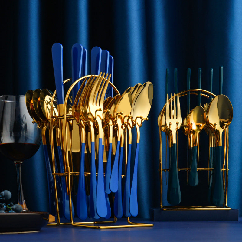 Luxury Gold Kitchen Utensil Set – Stainless Steel Knife Fork Spoon Set wi/ Holder Rack