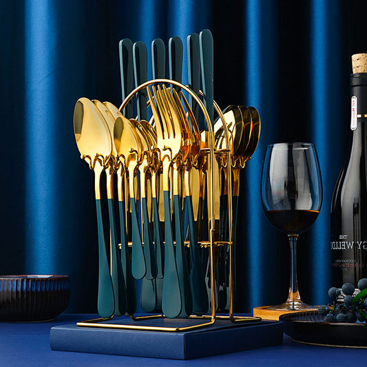 Luxury Gold Kitchen Utensil Set – Stainless Steel Knife Fork Spoon Set wi/ Holder Rack