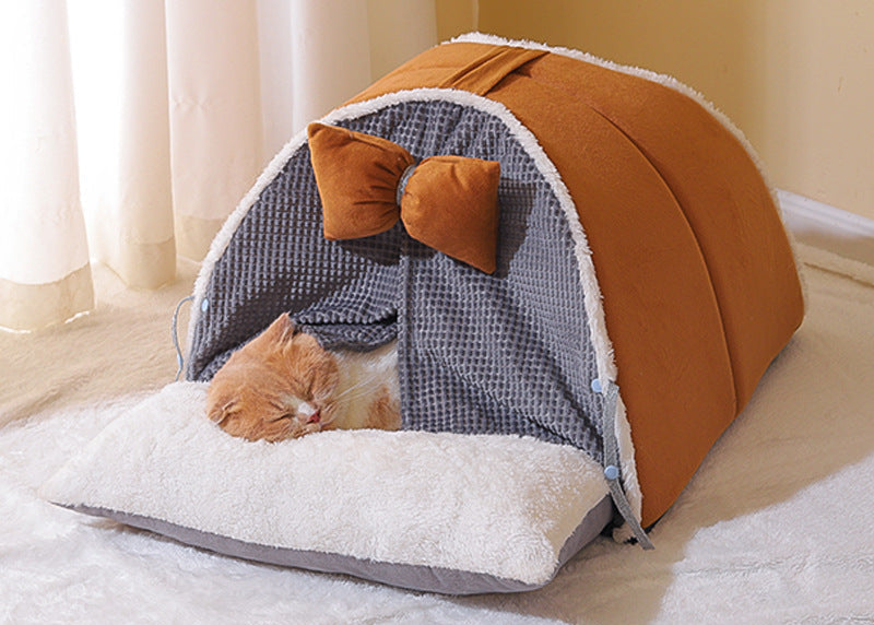 Cozy Cat Cave Bed Semi-Enclosed – Anti-Stress Pet Nest House for Year-Round Comfort